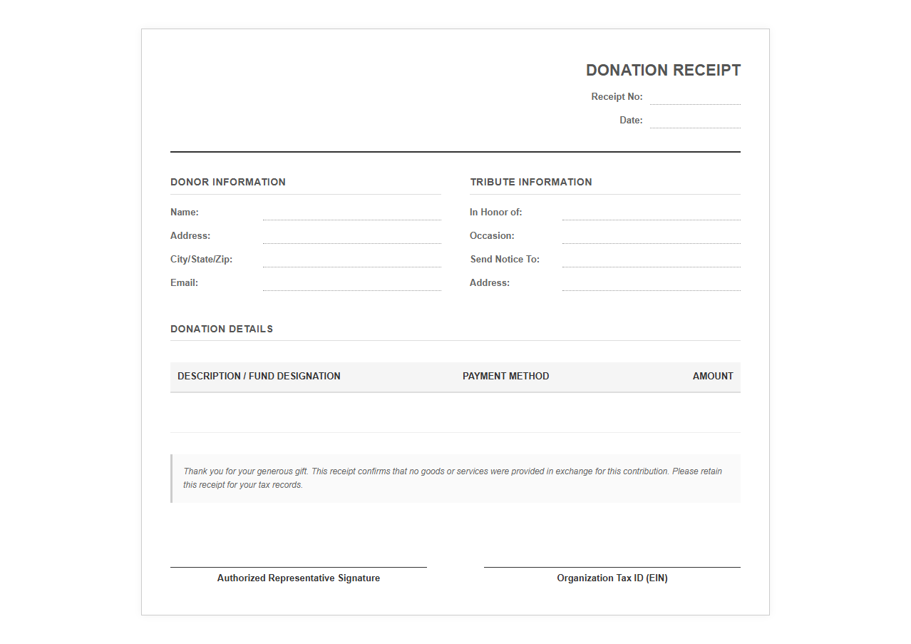 Honorary Giving Tax Receipt Template