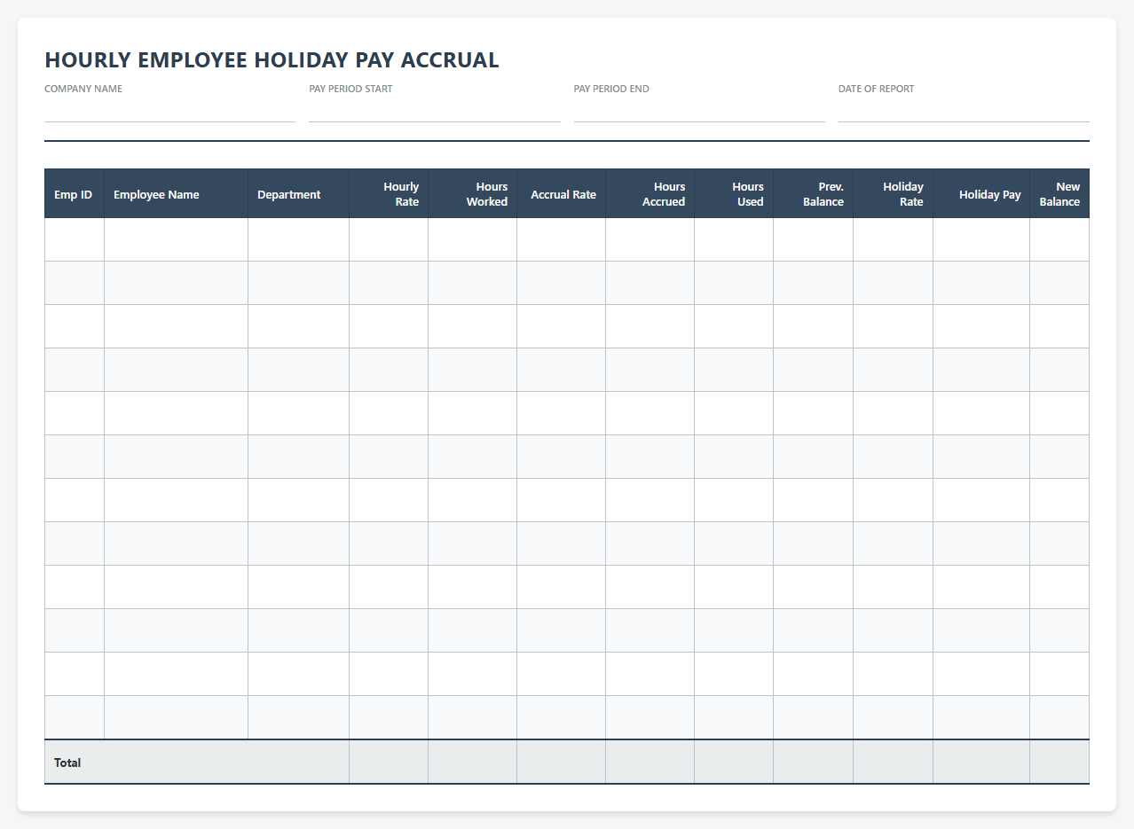 Hourly Employee Holiday Pay Accrual Spreadsheet