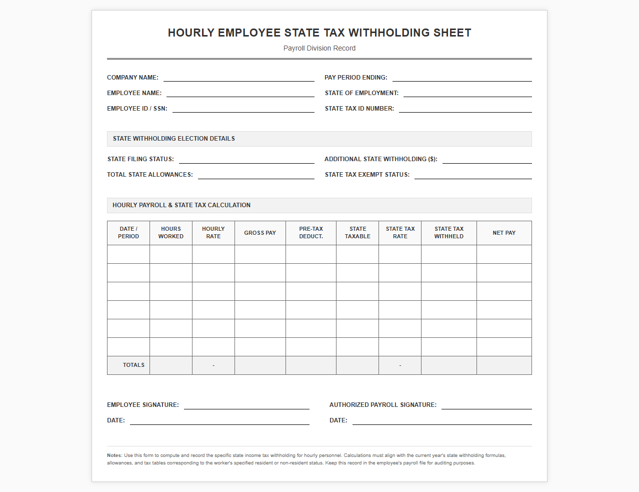 Hourly Employee State Tax Withholding Sheet
