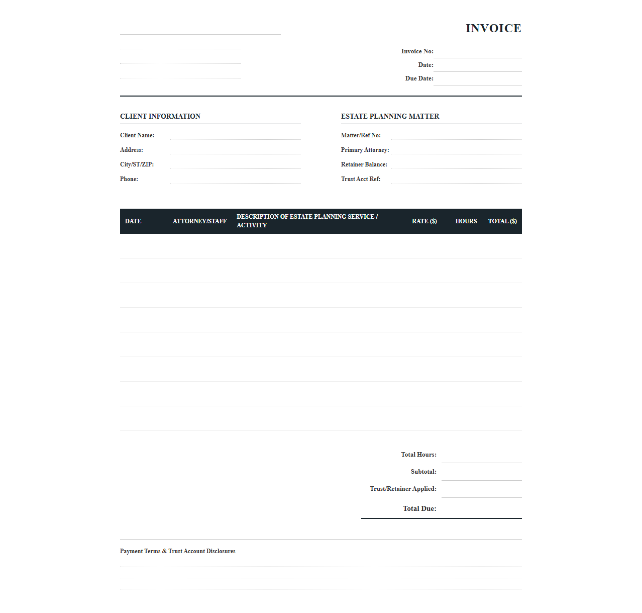 Hourly Estate Planning Billable Services Invoice