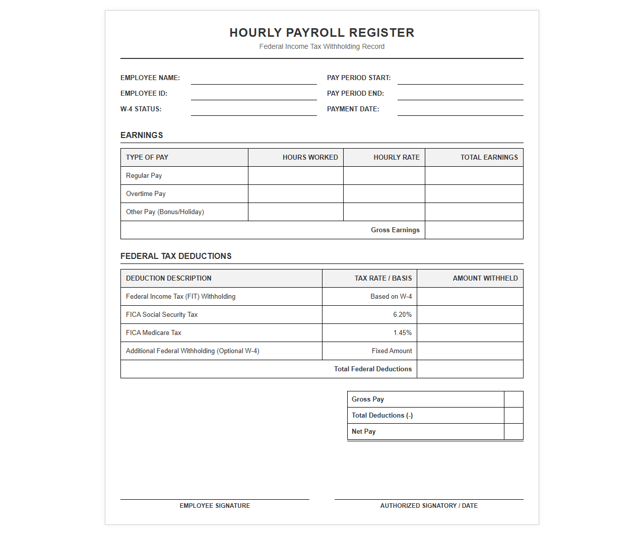 Hourly Payroll Template with Federal Tax Deductions