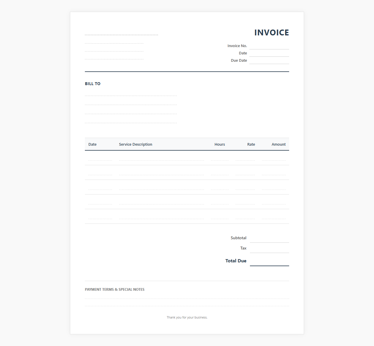 Hourly Rate Bookkeeper Billing Invoice