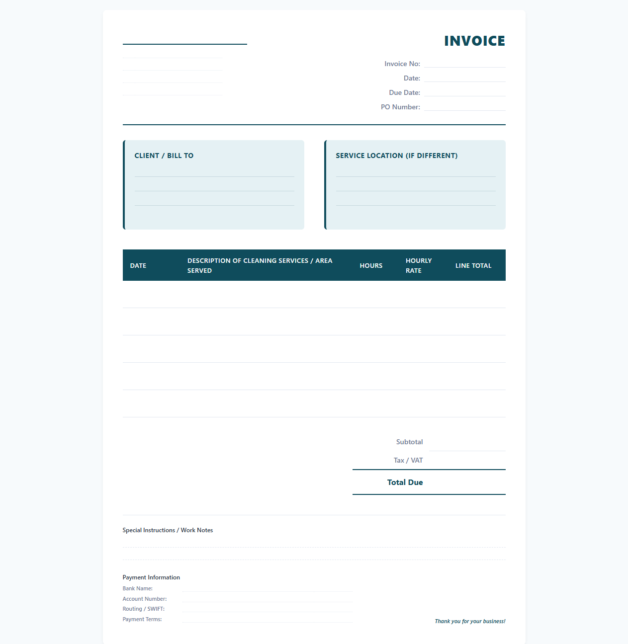 Hourly Rate Commercial Cleaning Invoice