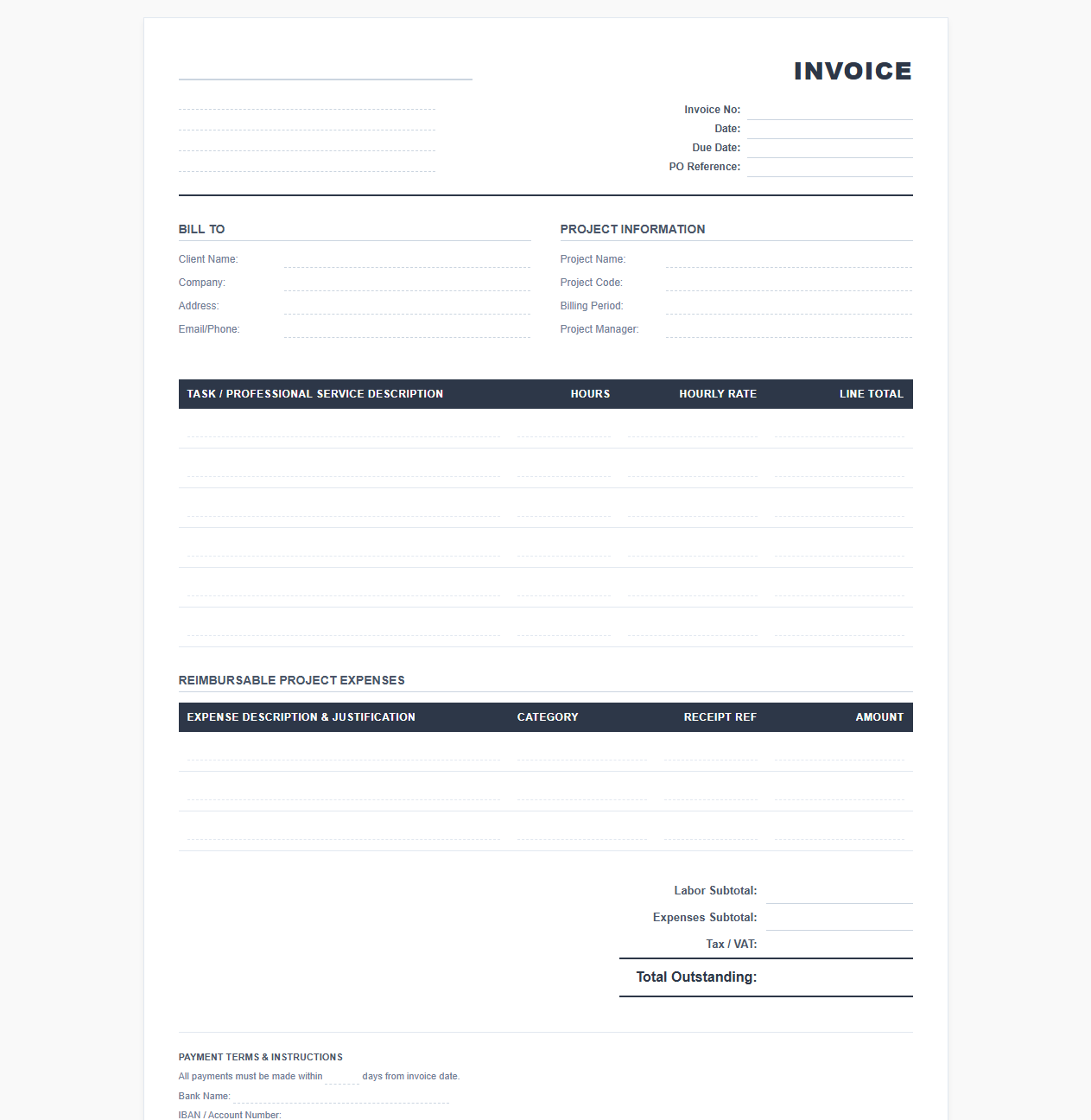 Hourly Rate Commercial Project Management Invoice