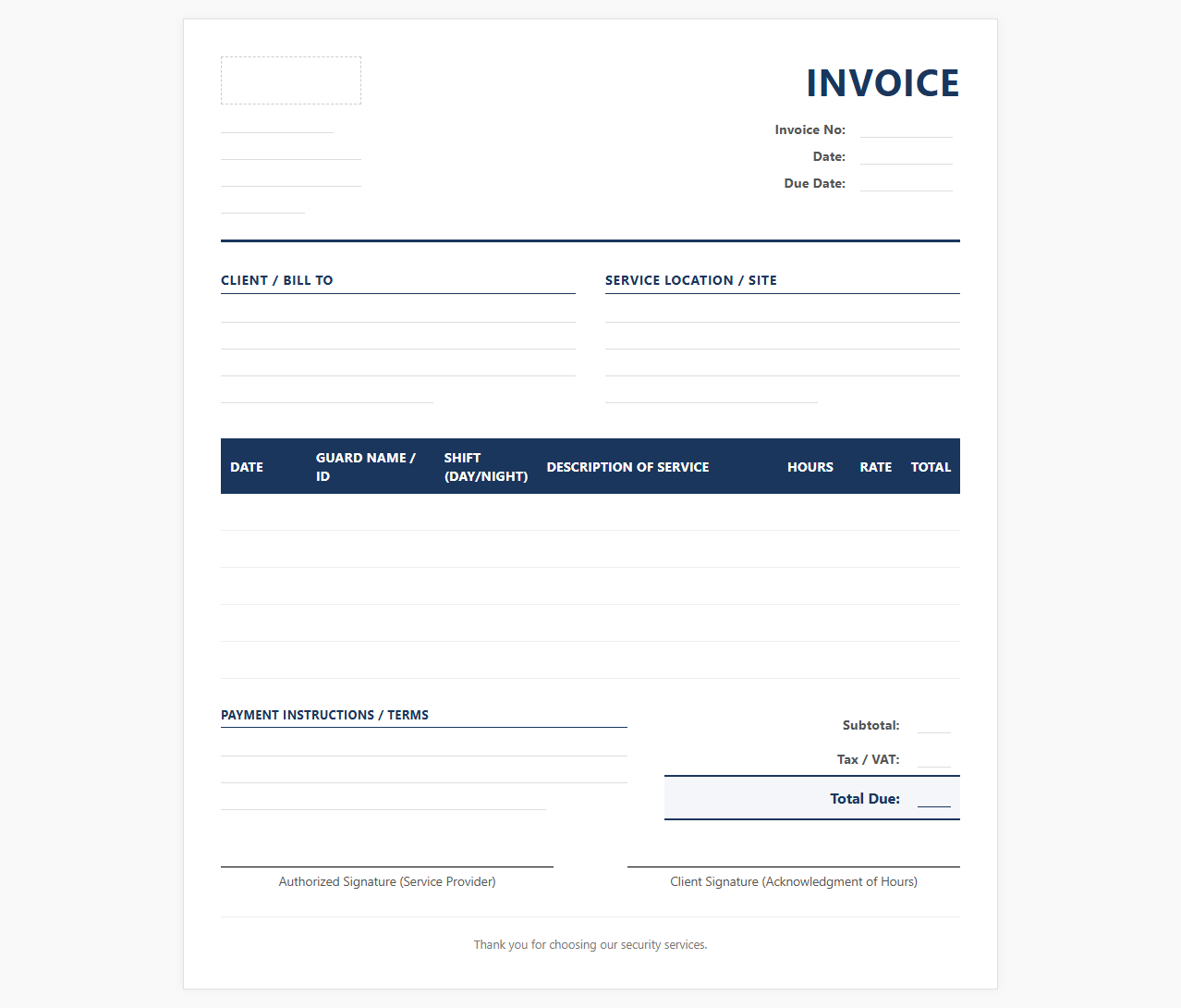 Hourly Security Guard Service Invoice Template