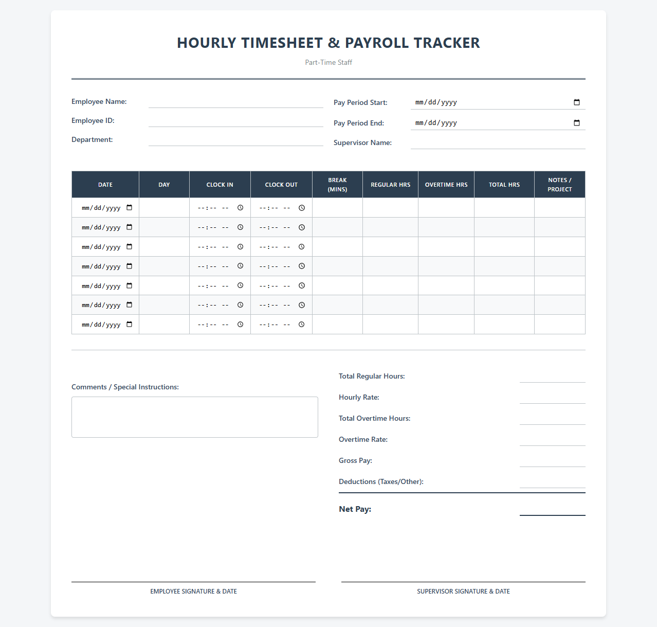 Hourly Timesheet and Payroll Tracker for Part-Time Staff