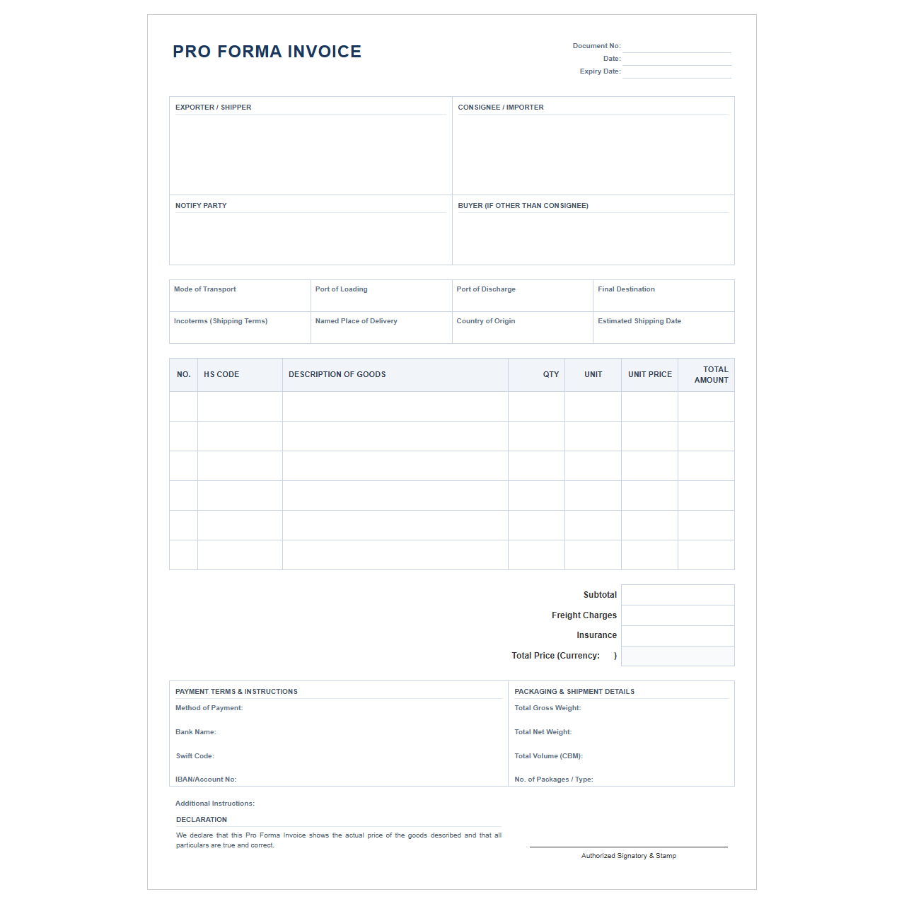 Import Export Pro Forma Invoice with Shipping Terms