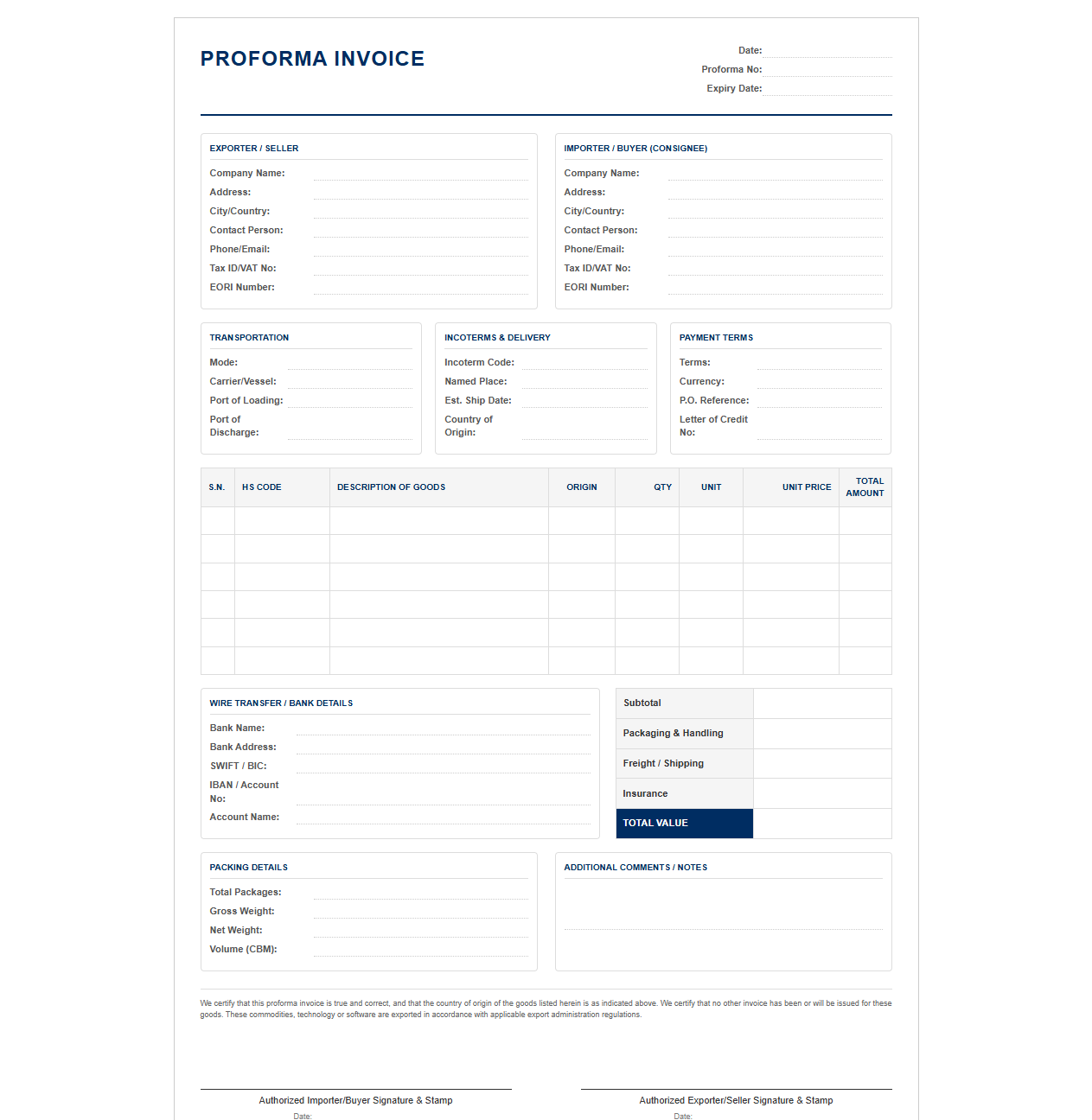 Import Export Proforma Invoice Template with Incoterms
