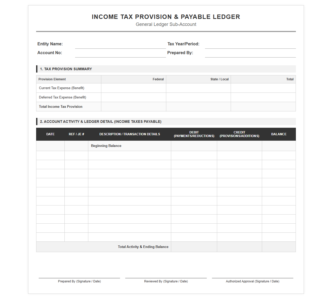 Income Tax Provision and Payable Ledger
