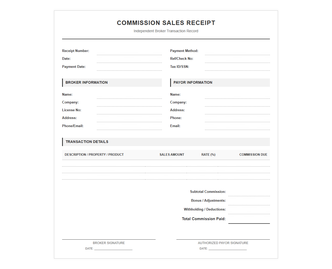 Independent Broker Commission Sales Receipt Form