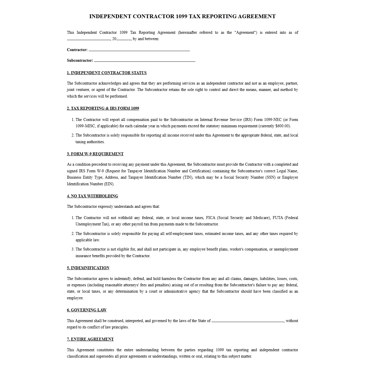 Independent Contractor 1099 Tax Reporting Agreement Template