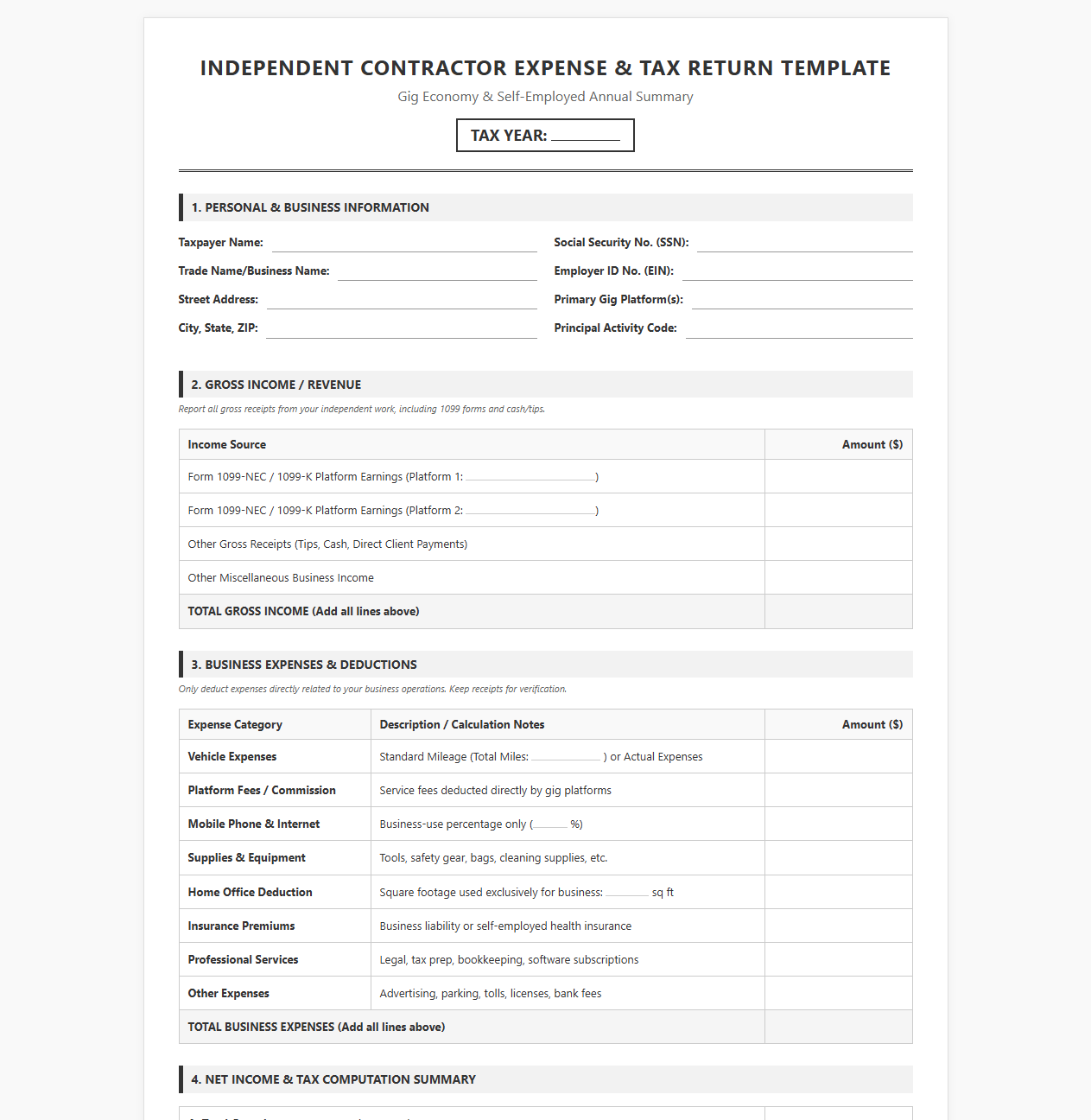 Independent Contractor Expense and Tax Return Template