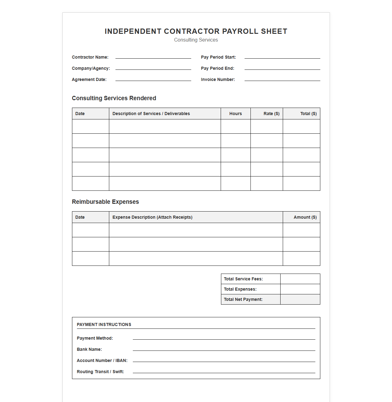 Independent Contractor Payroll Sheet for Consulting Services