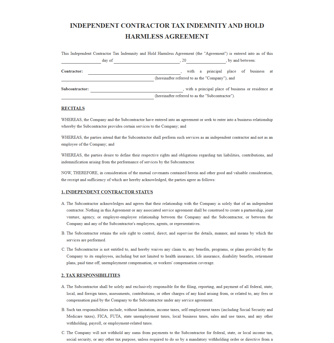 Independent Contractor Tax Indemnity and Hold Harmless Agreement