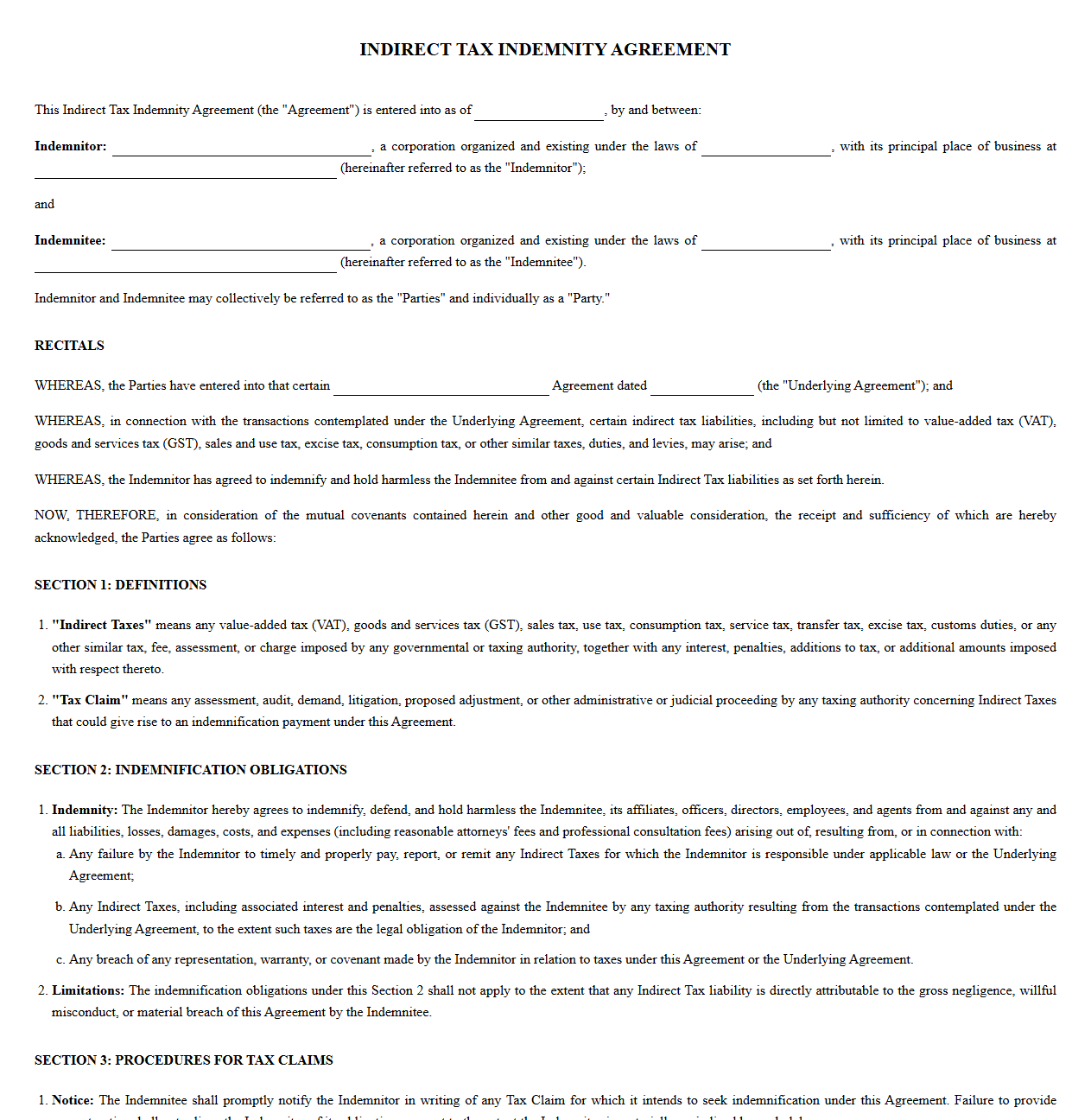Indirect Tax Indemnity Agreement Template