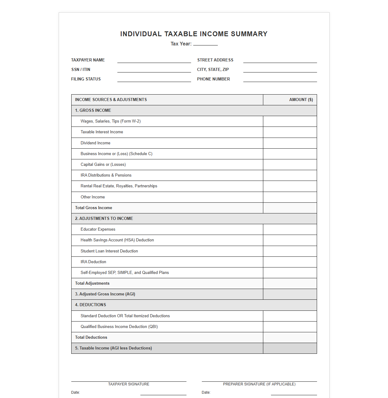Individual Taxable Income Summary Template