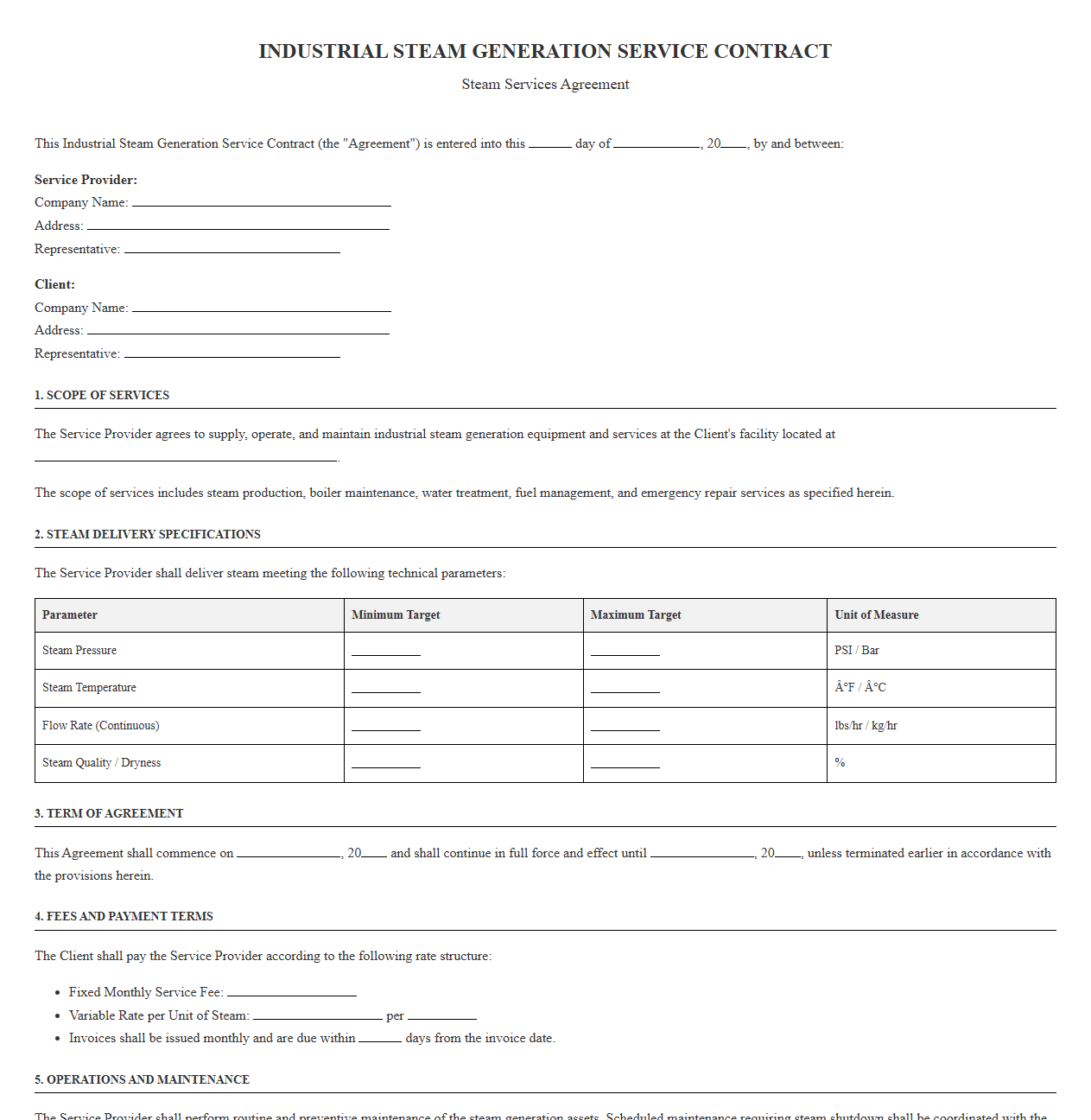 Industrial Steam Generation Service Contract