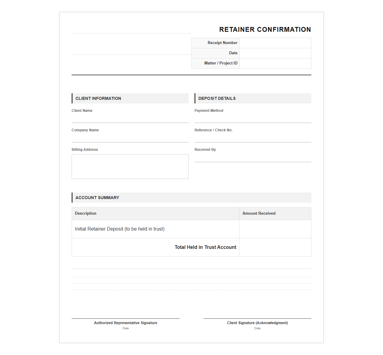 Initial Retainer Deposit Confirmation Template