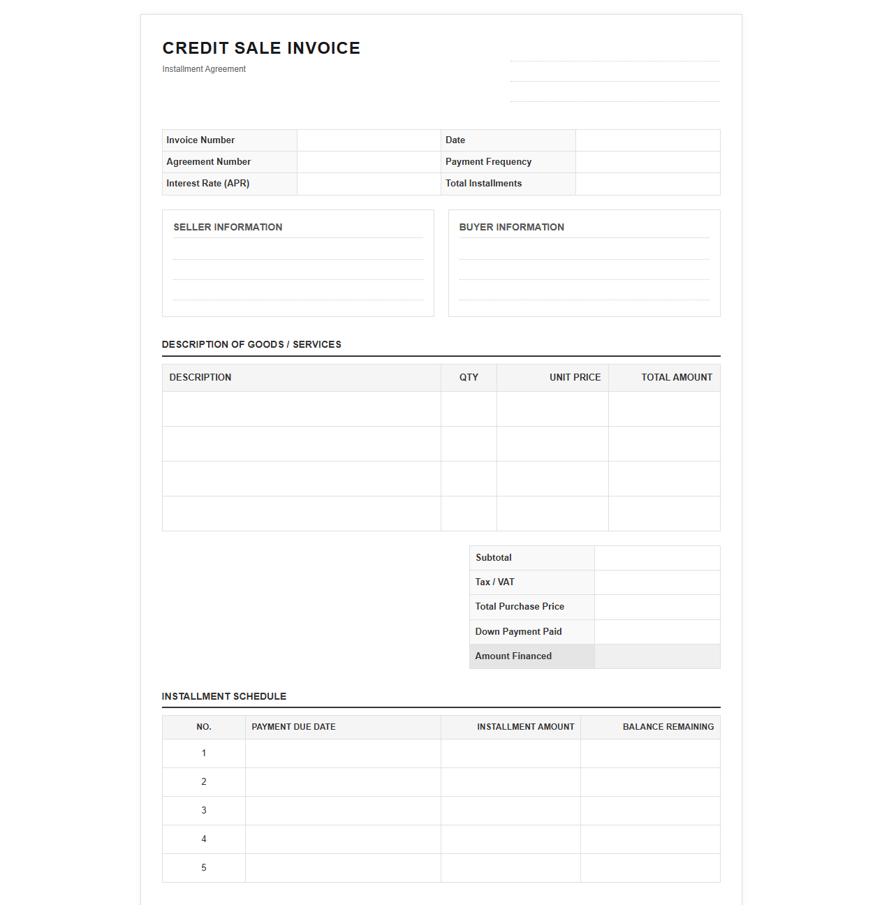 Installment Credit Sale Invoice Template