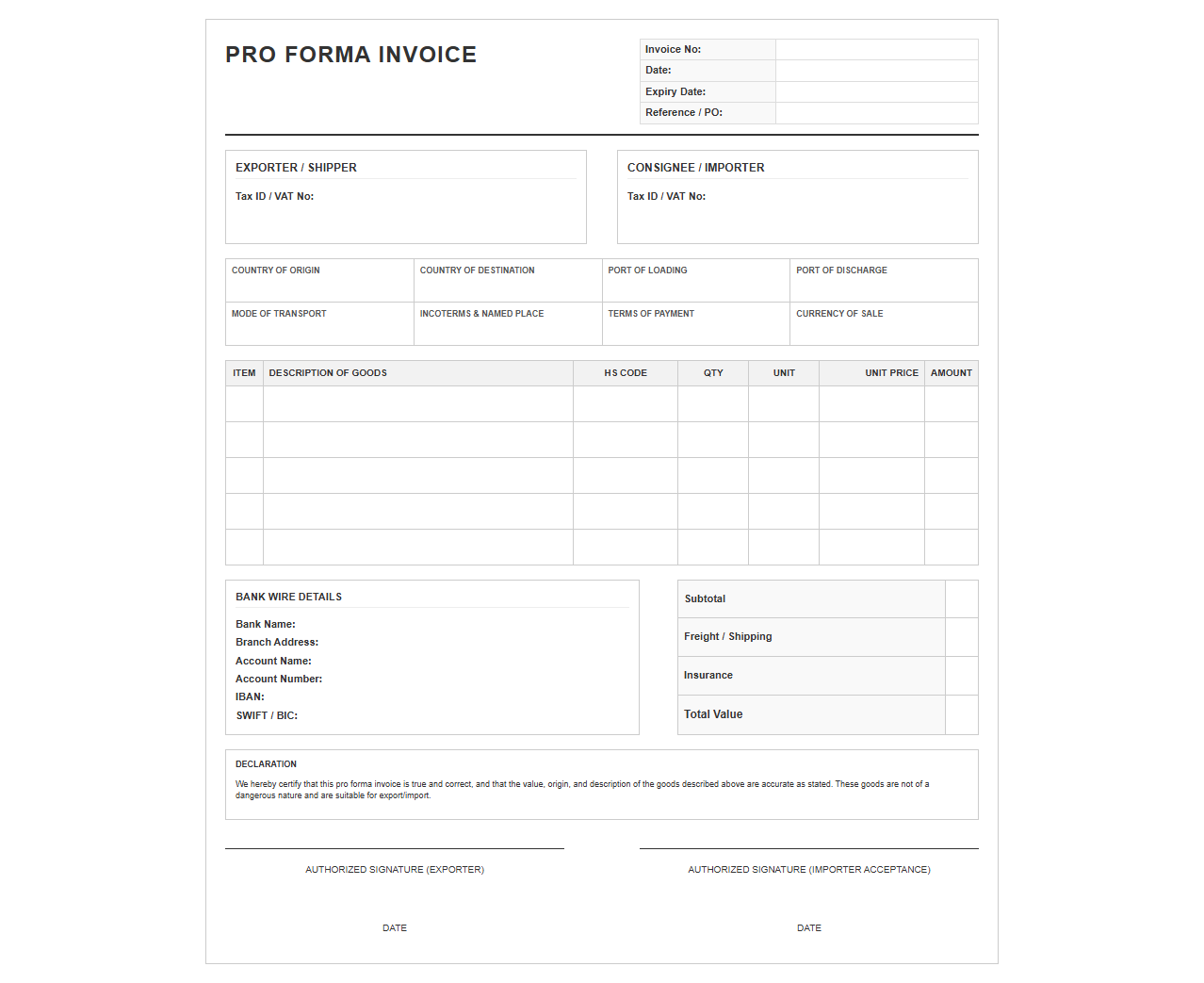 International Trade Pro Forma Invoice Template