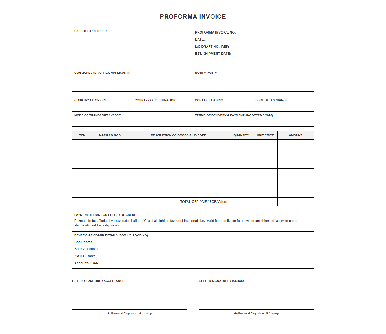 International Trade Proforma Invoice for LC