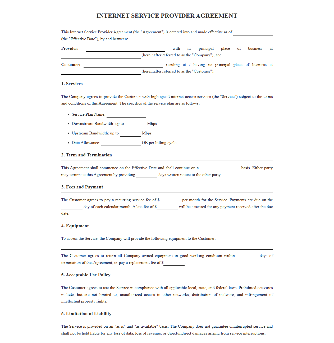 Internet Service Provider Agreement