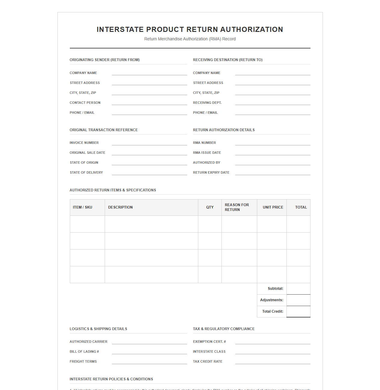Interstate Product Return Authorization Template