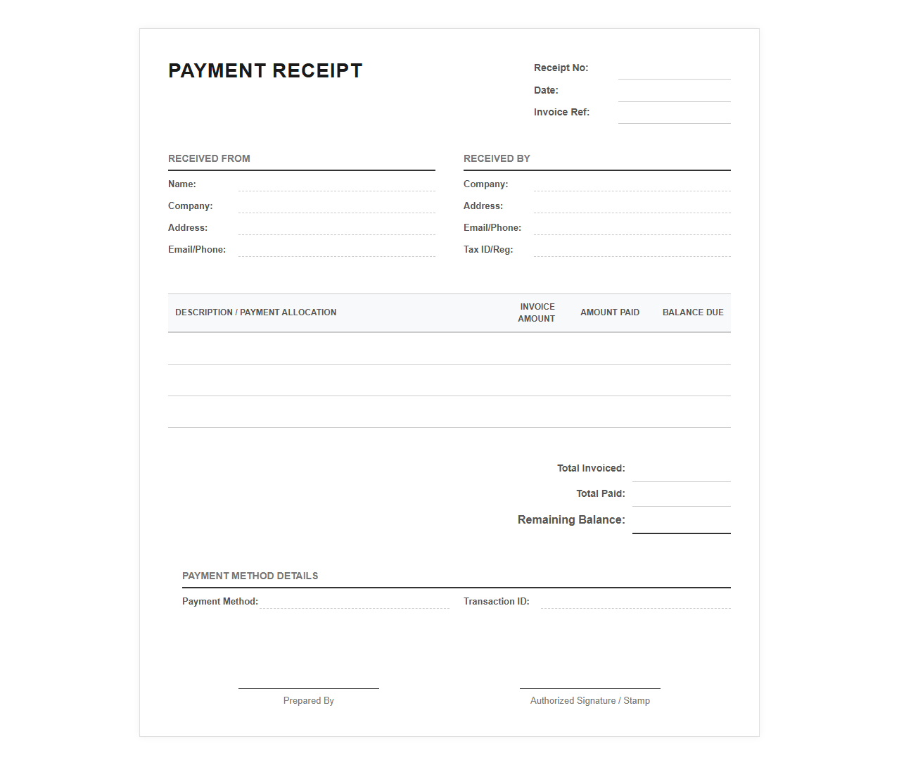 Invoice Settlement Receipt Template