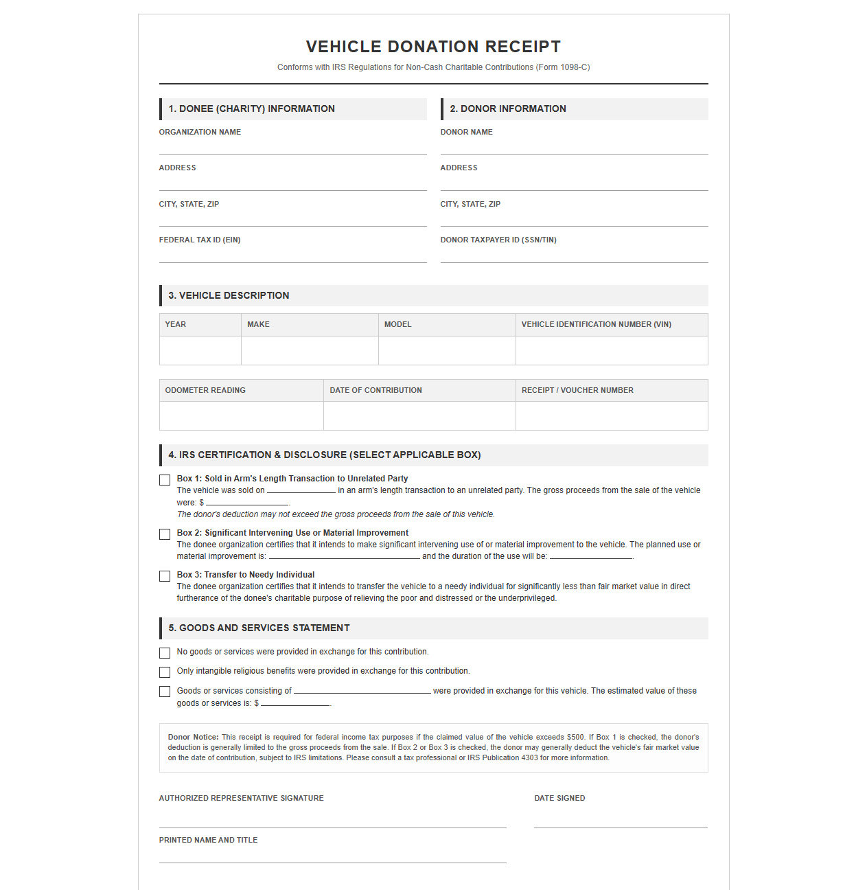 IRS Compliant Vehicle Donation Receipt