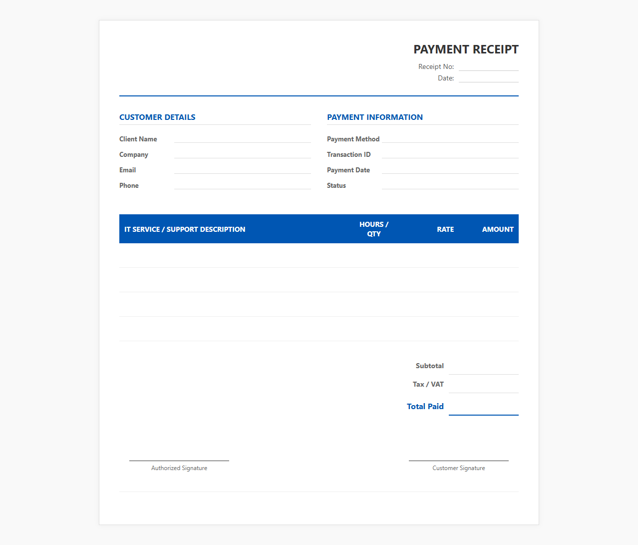 IT Support Service Payment Confirmation Receipt