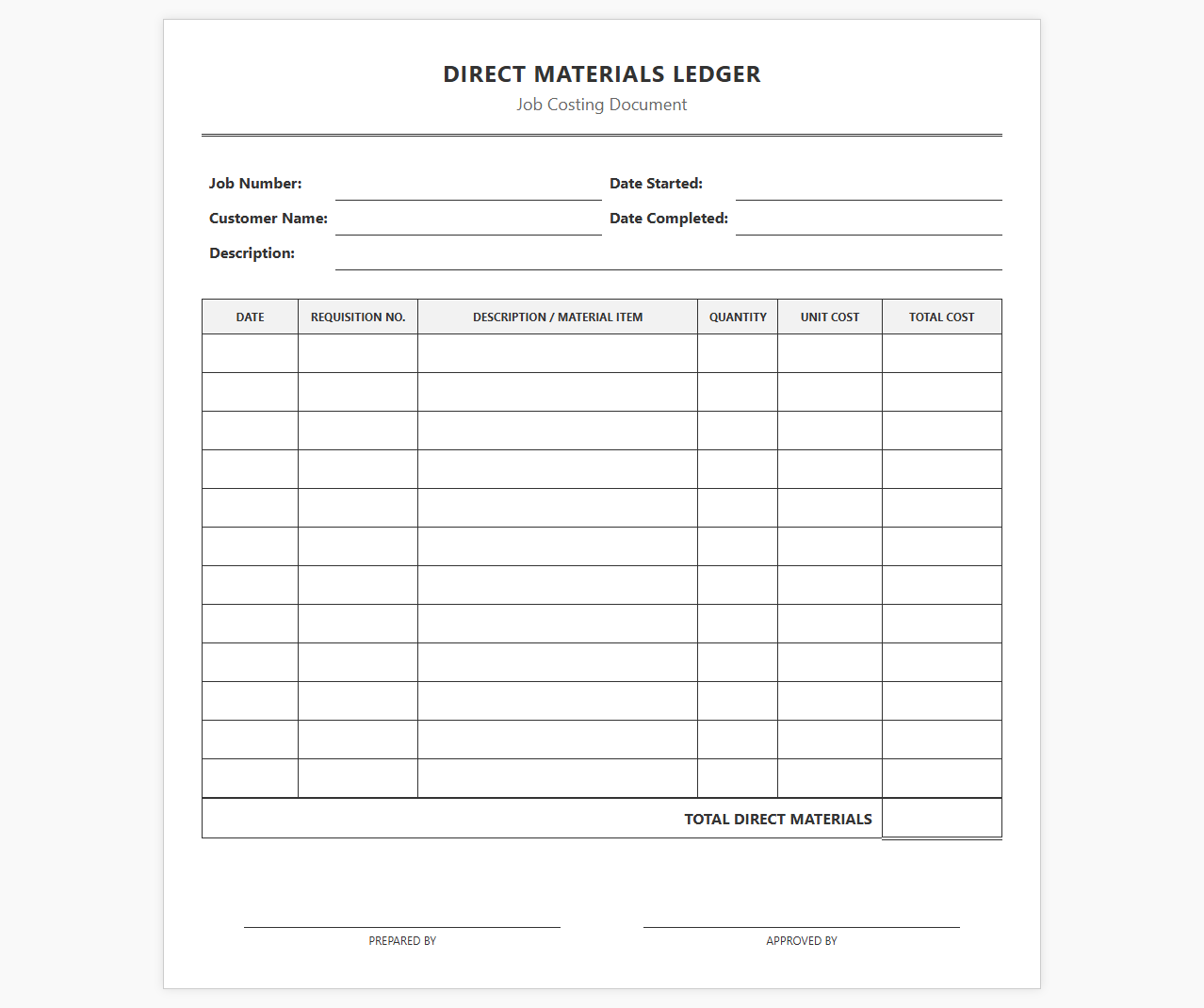 Job Costing Direct Materials Ledger Document