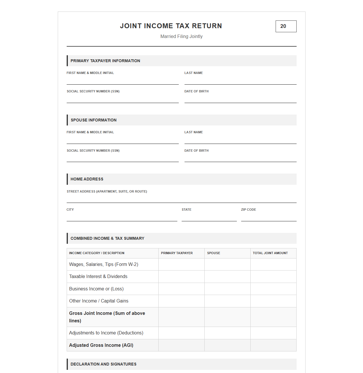 Joint Tax Filing Document for Married Couples