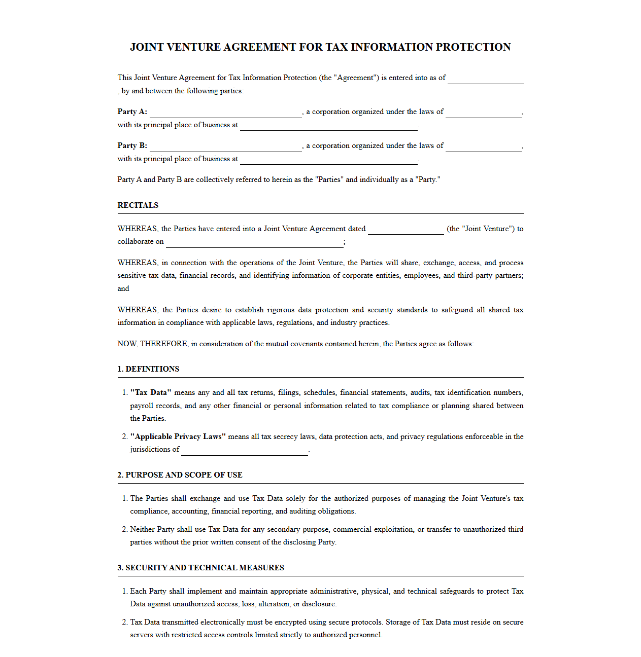 Joint Venture Agreement for Tax Information Protection