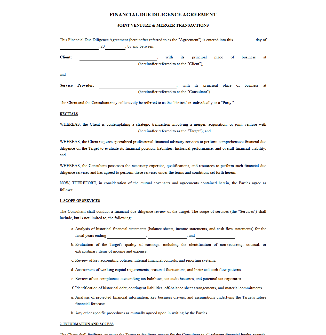 Joint Venture and Merger Financial Due Diligence Contract