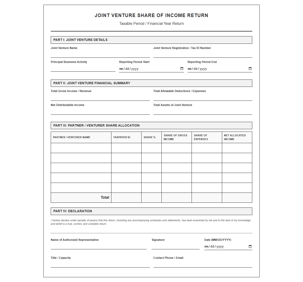 Joint Venture Share of Income Return Form