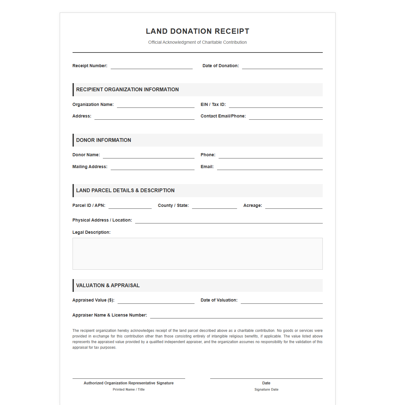 Land Parcel Donation Receipt Form