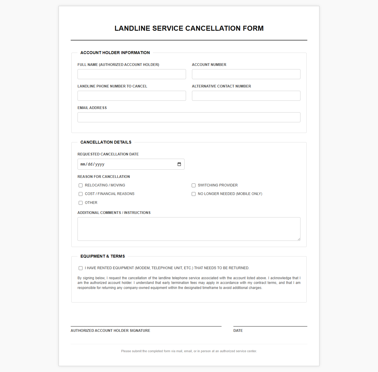 Landline Service Cancellation Form