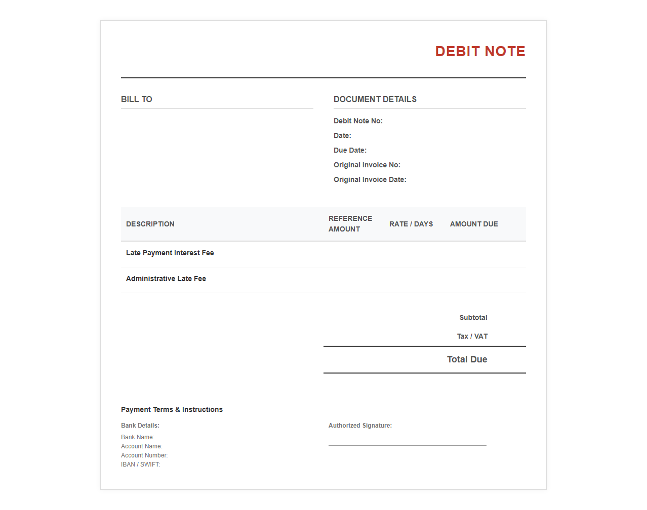 Late Payment Fee Debit Invoice Template