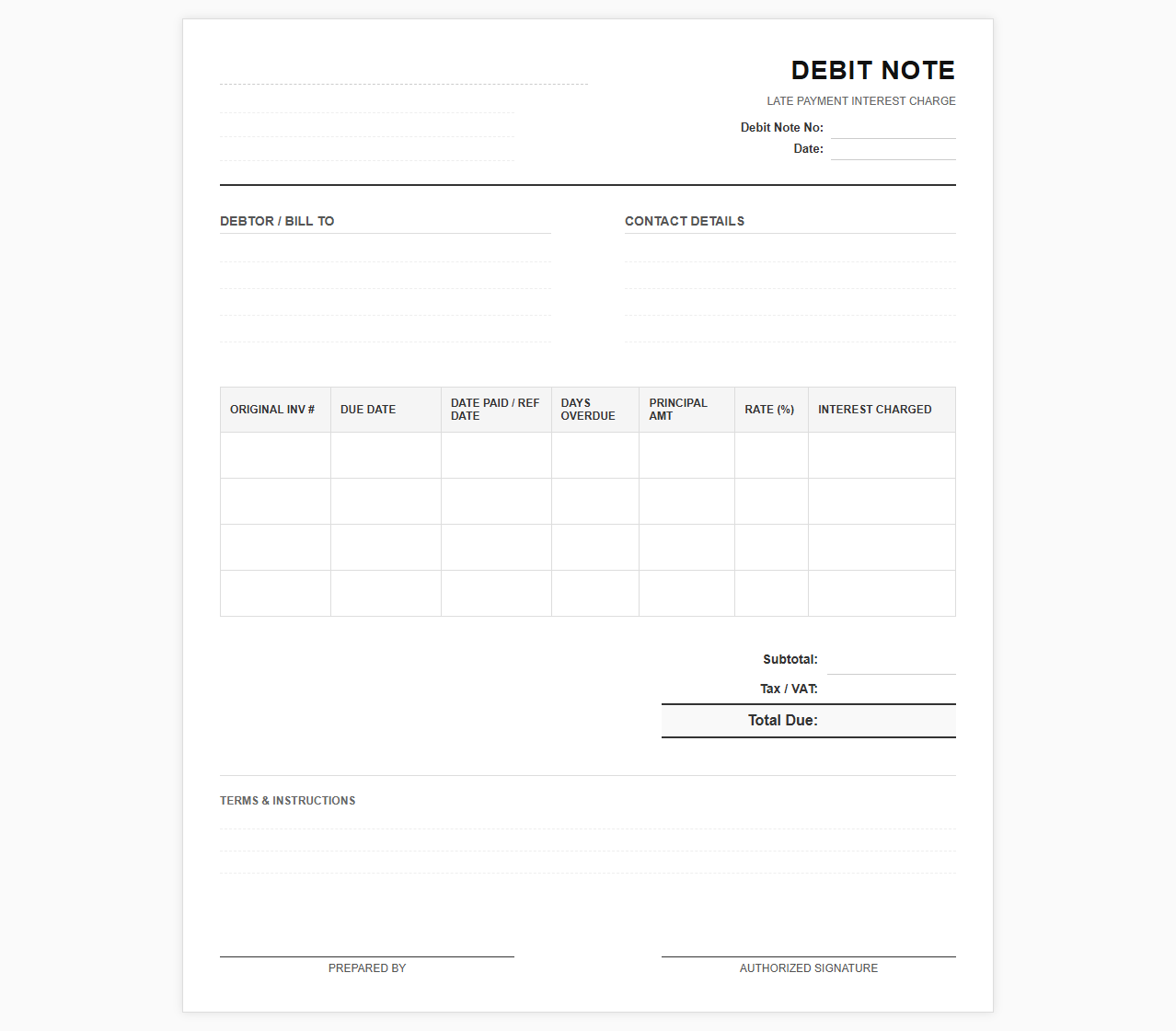 Late Payment Interest Debit Note Template