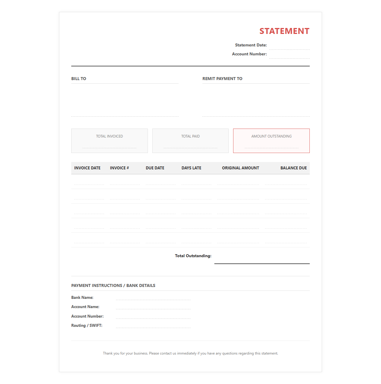 Late Payment Outstanding Invoice Statement