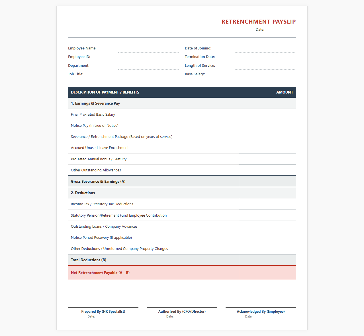 Layoff Pay and Retrenchment Payroll Template
