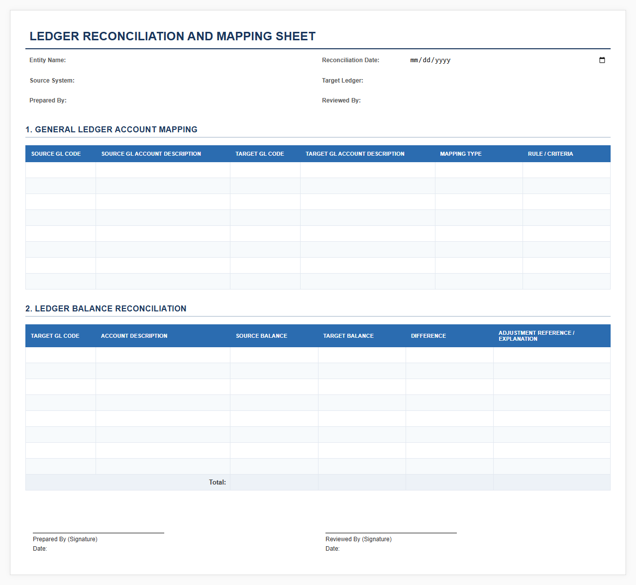Ledger Reconciliation and Mapping Sheet