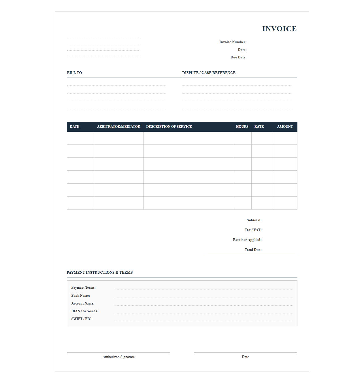 Legal Dispute Resolution Services Invoice