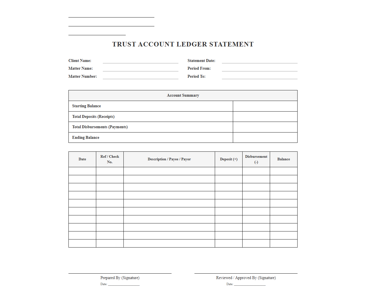 Legal Trust Account Ledger Statement Template