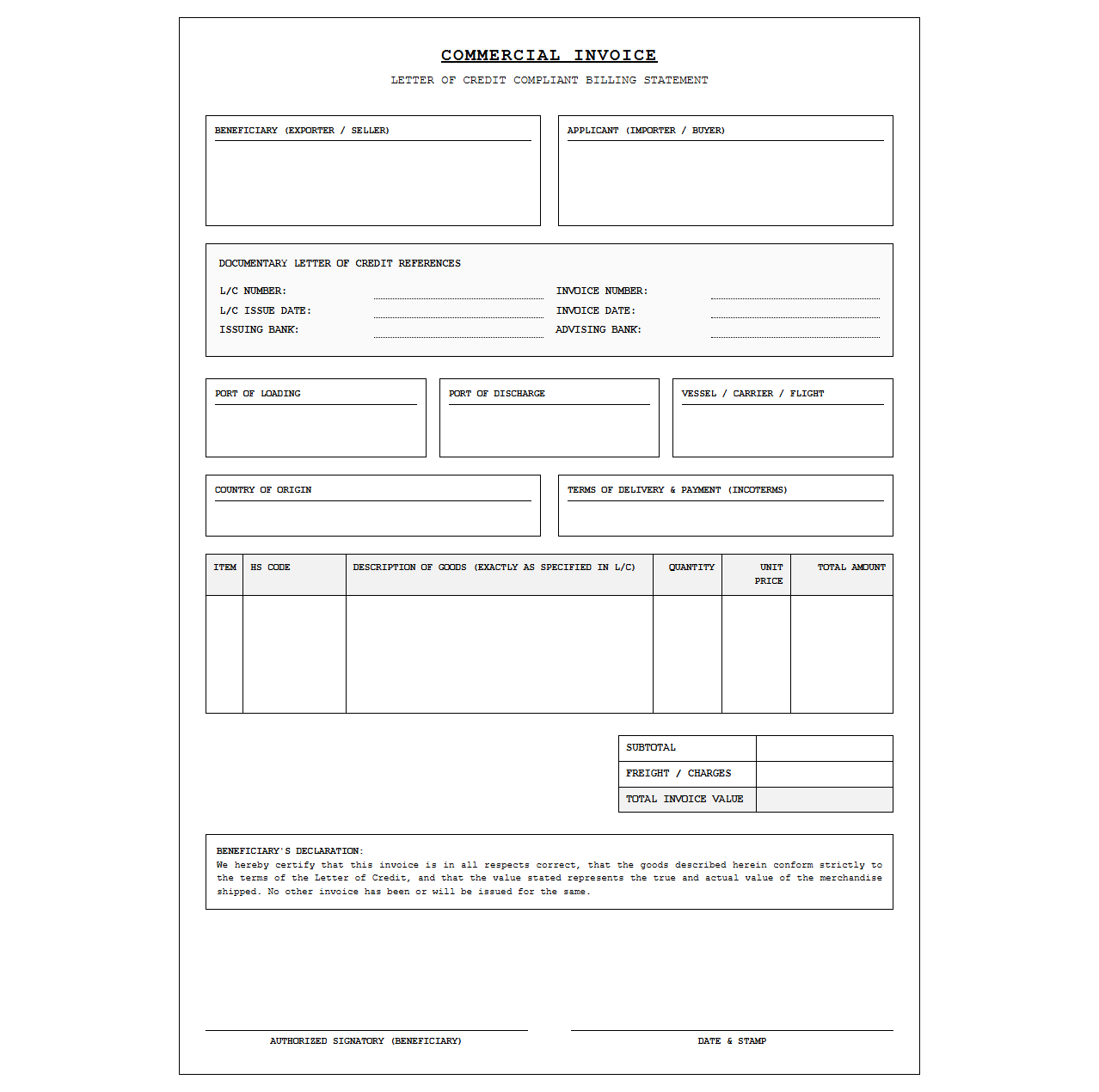 Letter of Credit Compliant Billing Statement