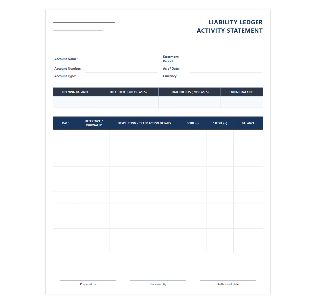 Liability Ledger Activity Statement Template