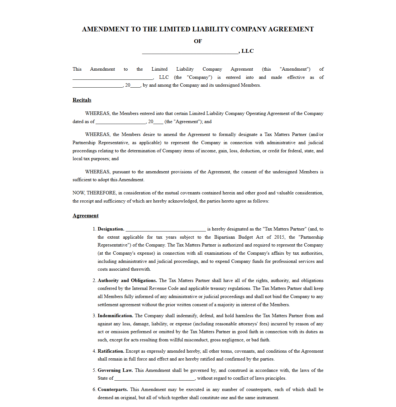 LLC Agreement Amendment for Tax Matters Partner Designation