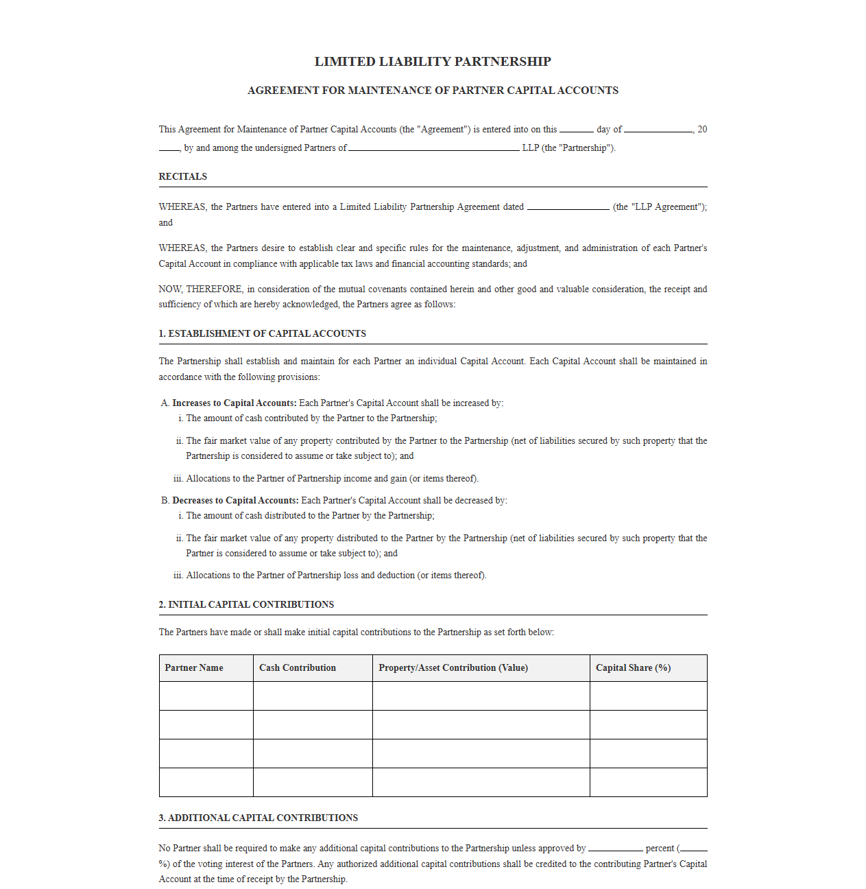 LLP Capital Account Maintenance Agreement Template