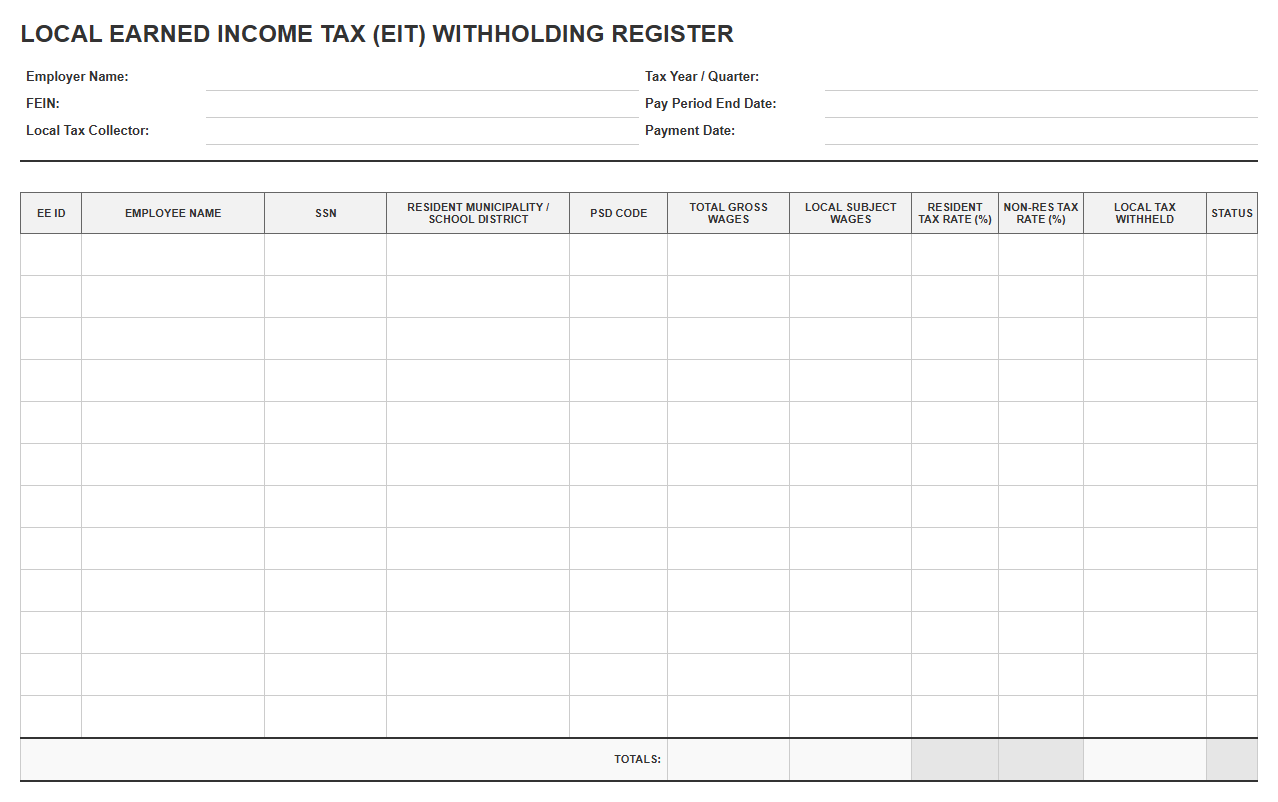 Local Earned Income Tax Withholding Register