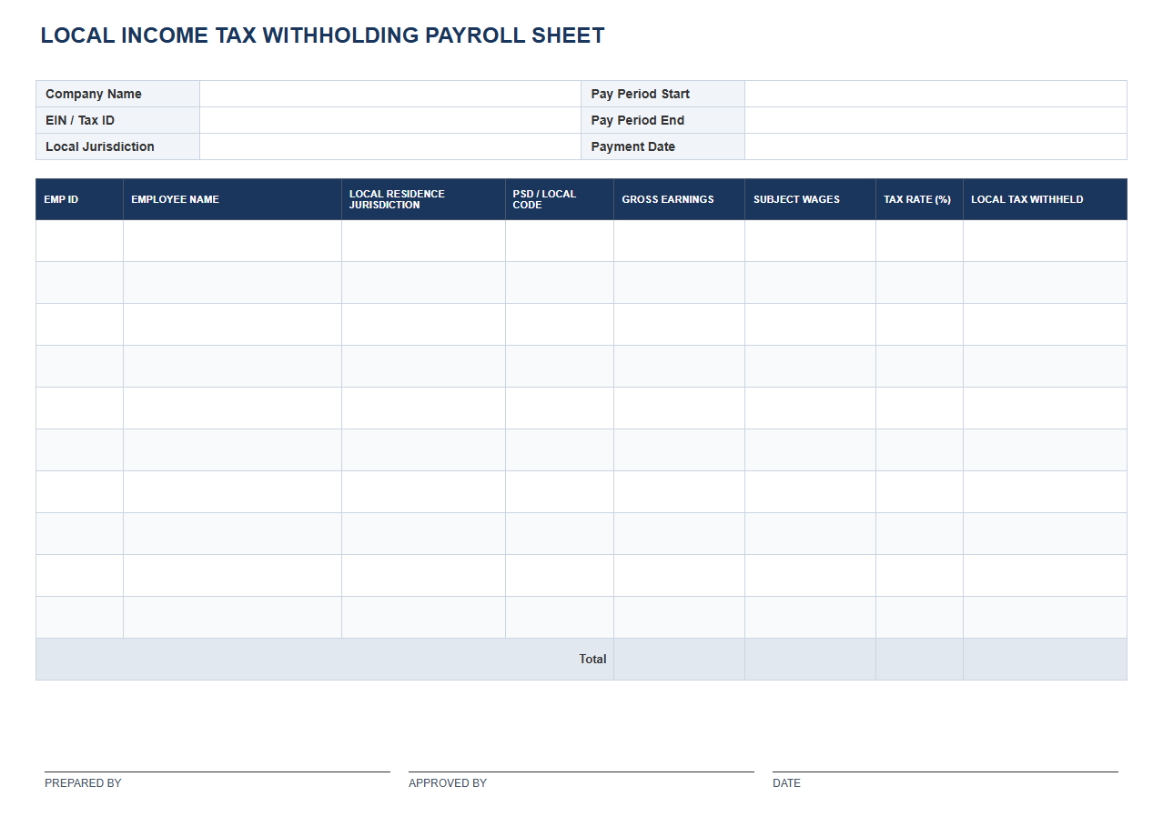 Local Income Tax Withholding Payroll Sheet